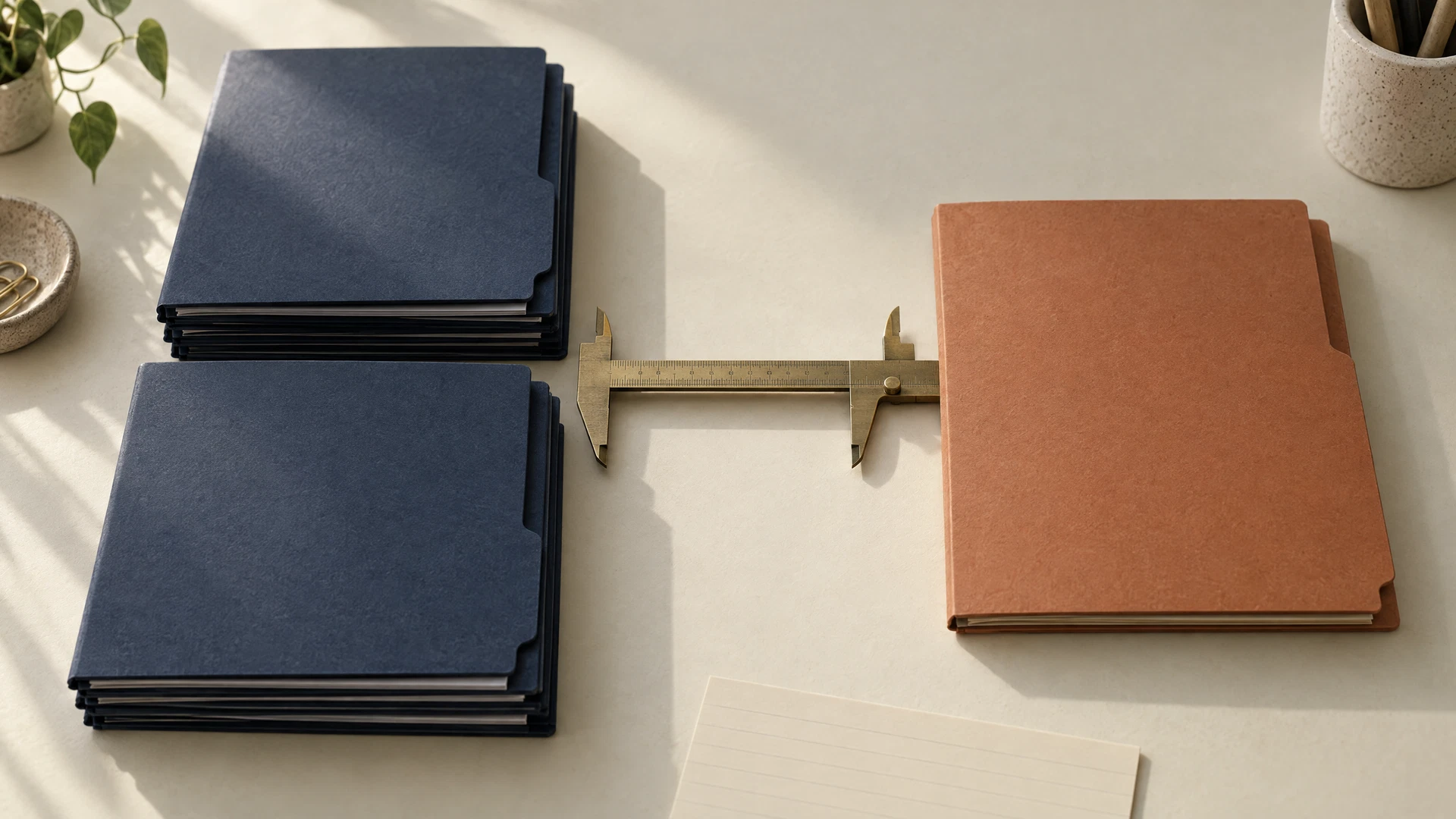 Deux piles de chemises bleu nuit rangées d’un côté d’un bureau crème, une chemise terracotta isolée de l’autre, un pied à coulisse de laiton posé ouvert dans l’écart entre les deux.