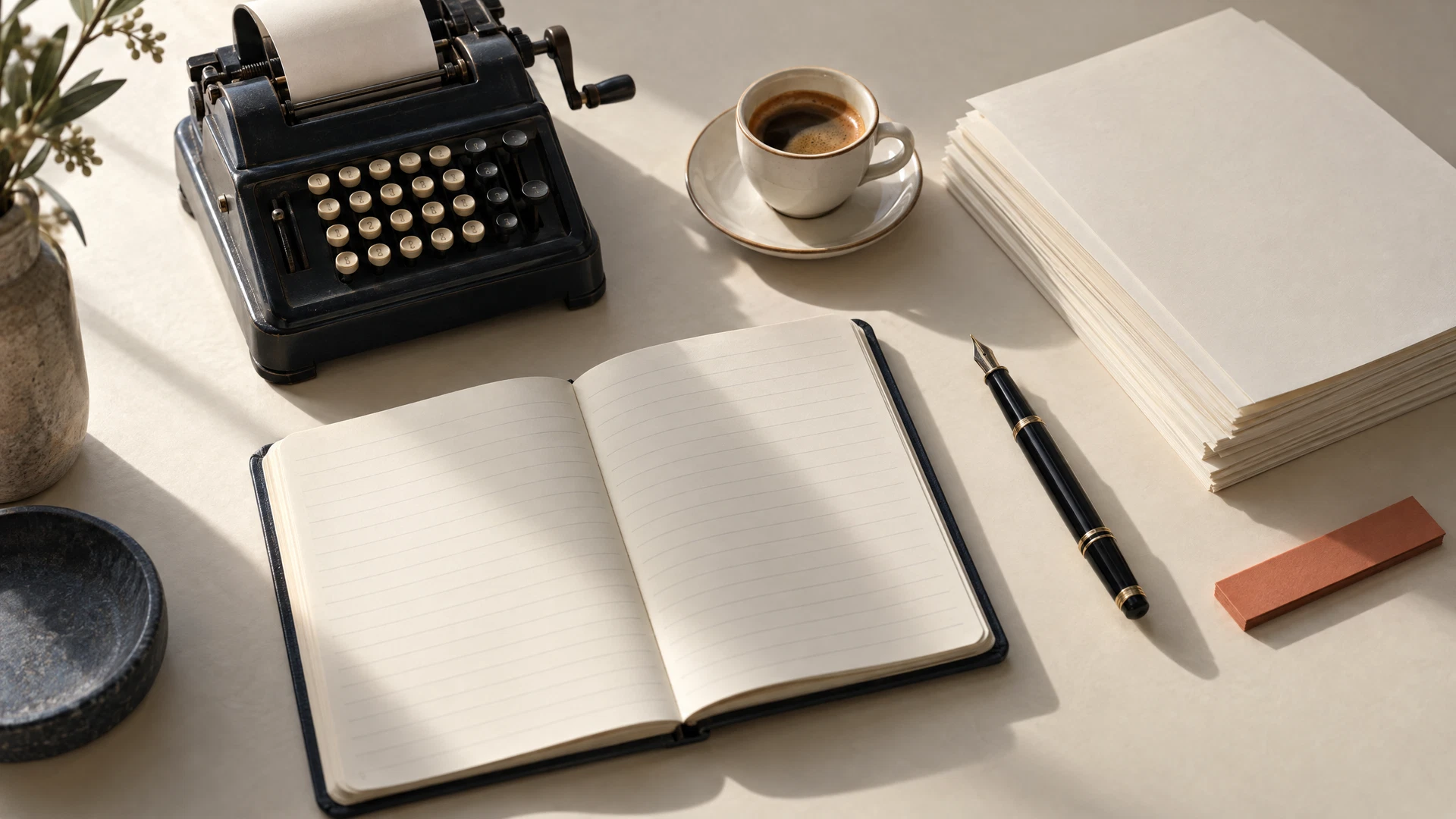 Carnet ouvert, machine à calculer à touches rondes, stylo et contrat vierge sur un bureau de papier crème, lumière douce de fin de matinée.