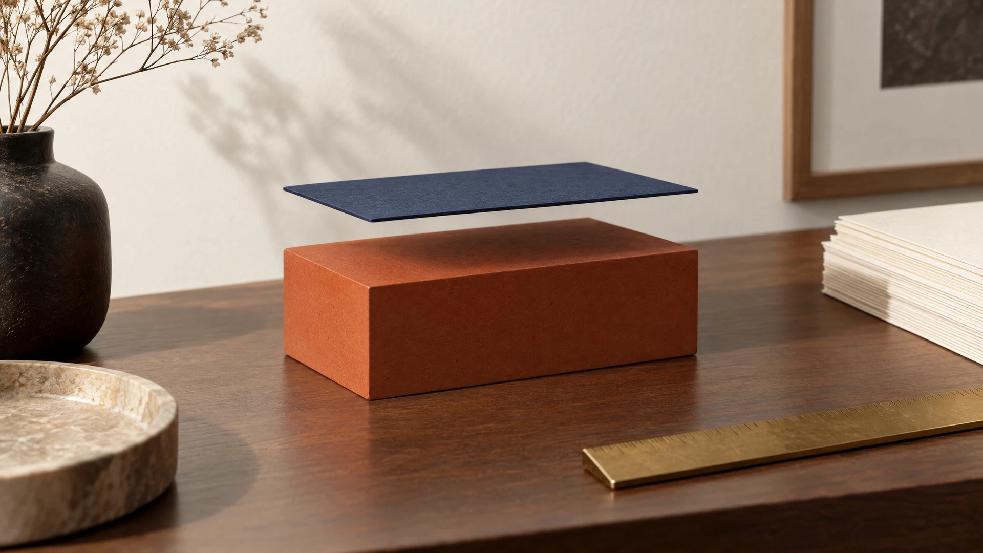 Bloc terracotta massif posé sur un bureau, soutenant à distance une fine carte bleu nuit : un plancher qui porte tout le reste.